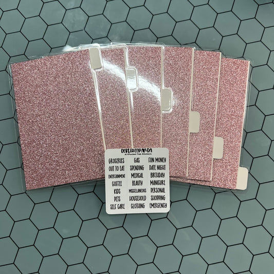 Pocket/A7 [Light Pink Glitter] Horizontal Tabbed Cash Envelopes w/ FREE LABEL STICKERS!
