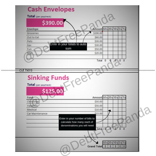 Cash Envelope & Sinking Funds totals Chart - Perfect for taking to the bank! **Digital Download**
