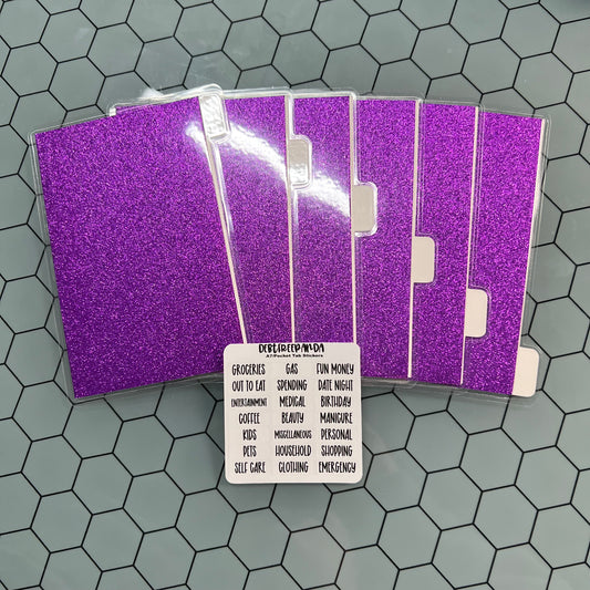 Pocket/A7 [Royal Purple Glitter] Horizontal Tabbed Cash Envelopes w/ FREE LABEL STICKERS!
